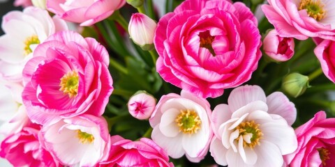 Obraz premium Close up of beautiful pink and white ranunculus flowers in full bloom, pink and white, fresh, petals