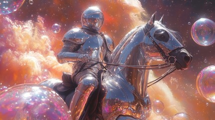 Chrome knight on a metallic steed amidst vibrant nebula and iridescent bubbles.