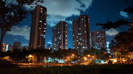Obraz premium Night cityscape with illuminated skyscrapers and trees under cloudy sky.