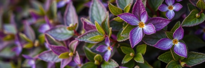 Close up of vibrant purple flower petals and leaves in nature, bloom, vibrant