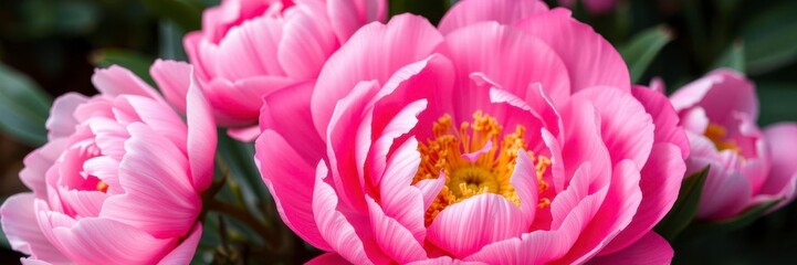 Fototapeta premium Close-up shot of beautiful pink peony flowers blooming in a lush garden, beauty, petal, background
