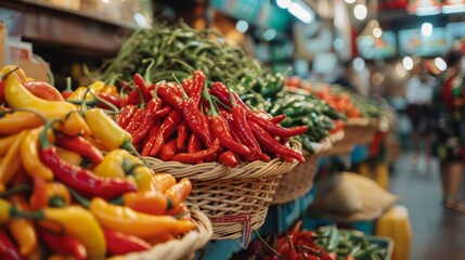 Fototapeta premium Colorful vegetables and chili peppers displayed in a market