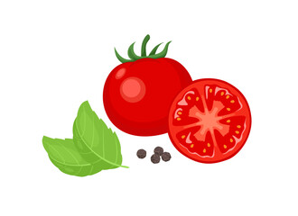 Tomato, green basil leaf and peppercorn isolated on white background. Vector cartoon flat illustration. Vegetables icon.