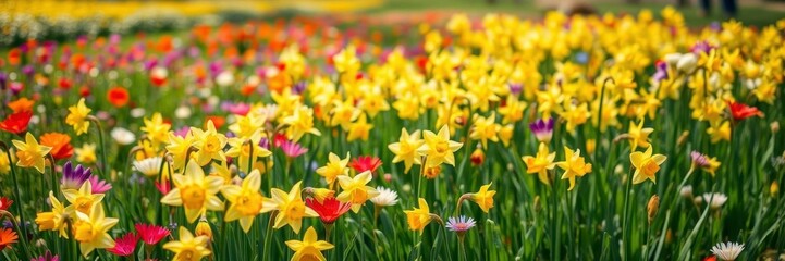 Fototapeta premium Daffodil flowers in a lush green field under a bright blue sky, growth, sun