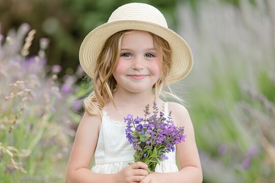 Young girl with straw hat and purple flowers, outdoor summer portrait, natural light, soft focus photography, lavender field background, cheerful child, high-resolution image

