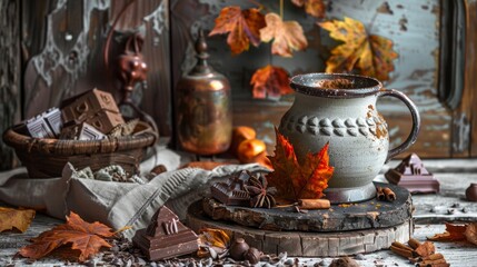 Cozy autumn tea setting with pumpkins and rustic decor