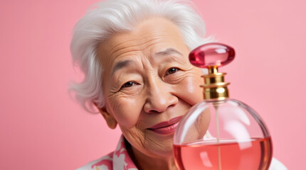 Smiling Elderly Woman Enjoys Her Favorite Pink Perfume in a Cozy Setting