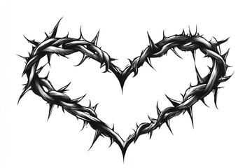 Obraz premium Thorns arranged in heart shape; grayscale illustration.