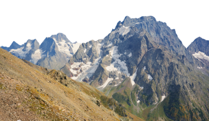 Nature landscape scene of Dombay Ulgen mountain range at day.