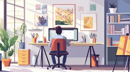 Man working at home office desk with computer, plants, and art.