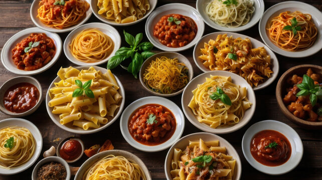 M&uacute;ltiples platos con diferentes tipos de pasta y salsa
