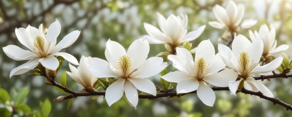 Fototapeta premium Delicate white magnolia blossoms on a branch against a blurred spring background , tree, flora