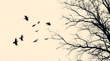 Beautiful Flying Birds Bare Tree Silhouettes White Background Scene Image