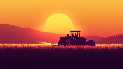 Fototapeta premium Silhouette of a tractor working in a field at sunset.