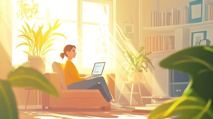 Fototapeta premium Woman working on laptop in sunlit living room.