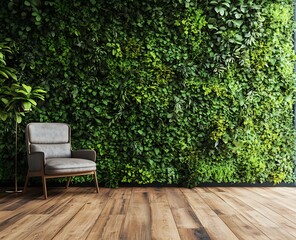 A stylish, minimalist interior with a lush green wall, an armchair, and a plant on a polished wooden floor