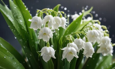 Close-up view of lilies of the valley cluster, dew drops glistening , flower, dew drops