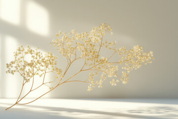 Tropical leaf shadows projected flatly on a plain wall, minimal and elegant.