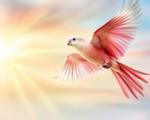 Fototapeta premium Realistic Exotic Birds in Flight in the Morning illustrated with brightly colored birds soaring through a pastel sky, surrounded by delicate light beams.