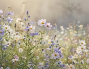 Obraz premium Delicate watercolor wildflowers, soft hues, natural feel, peaceful, painting, soft