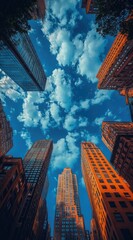 A dramatic upward view of skyscrapers against a vibrant blue sky with fluffy clouds.
