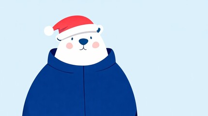 A charming cartoon-style illustration of a polar bear wearing a Santa hat, evoking the warmth and joy of the holiday season in a simple and whimsical style.