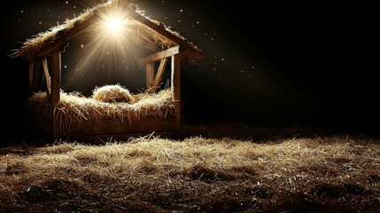 A beautifully lit stable filled with straw, creating a serene atmosphere for the festive season, reminiscent of classic nativity scenes. Perfect for winter celebrations.