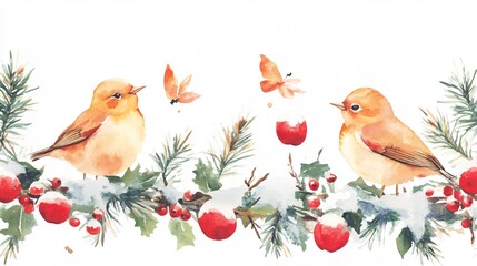 Fototapeta premium Winter Wonderland: Watercolor Robins and Festive Berries