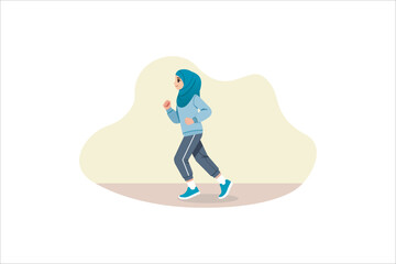 illustration of a young Muslim woman wearing a hijab jogging. Vector illustration.	