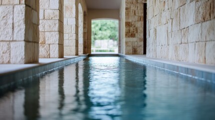 Fototapeta premium A tranquil, elongated pool of water running through a stone corridor, emphasizing serene reflections and the harmonious blend of architecture and nature in stillness.