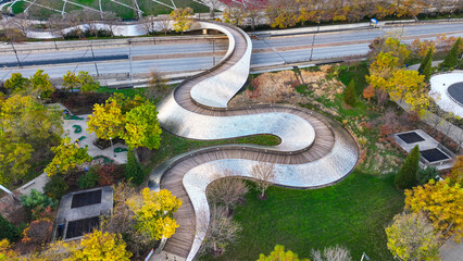 Aerial view of Maggie Daly Park Curving Paths of Maggie Daley Park in Downtown Chicago, Illinois,...