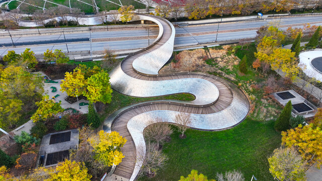 Aerial view of Maggie Daly Park Curving Paths of Maggie Daley Park in Downtown Chicago, Illinois, USA.