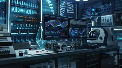 High-Tech Bioengineering Lab with Genetic Samples and DNA Sequence Analysis Monitors