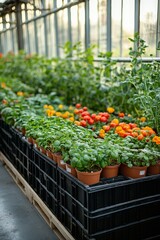 Vibrant potted plants in a greenhouse filled with greenery and colorful blooms