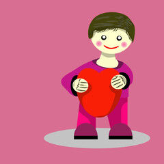 Romantic vector background. Cute boy holding a big red heart. Romance, love, heart. Boy holding a heart.