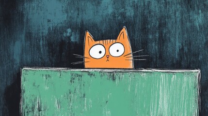 Obraz premium An amusing cartoon illustration shows an orange cat with big wide eyes peering over the edge of a green table against a textured dark background.