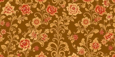Intricate seamless damask wallpaper design in rich colors, elegant, interior