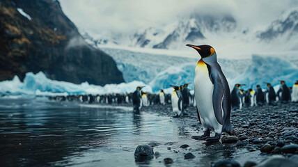 Fototapeta premium A group of penguins sliding down icy slopes near the Antarctic shore, with glaciers in the background.