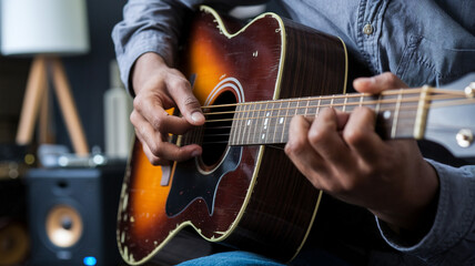 Fototapeta premium Closeup of a Person Playing an Acoustic Guitar