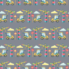 Construction-themed watercolor seamless pattern featuring forklifts, warning signs, and cranes on a gray background. Suitable for backpacks, pencil pouches, and kids t-shirts