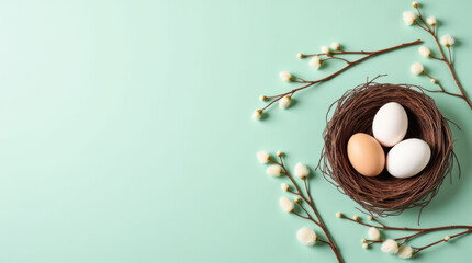 Nest With Three Natural Eggs and Pussy Willow Branches on Pastel Mint Background