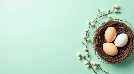 Nest Featuring Three Eggs and Pussy Willow Branches on Pastel Mint Background