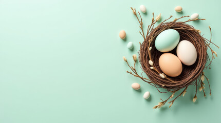 Nest With Three Eggs and Pussy Willow Branches on Pastel Mint Backdrop
