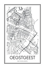 Printable downtown road map poster of the Dutch city of OEGSTGEEST on solid white background with city name