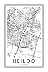 Printable downtown road map poster of the Dutch city of HEILOO on solid white background with city name