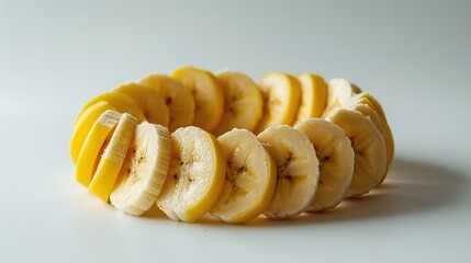 Banana slices arranged in a circular ring pattern, minimalistic food presentation, fresh ripe bananas, top view composition, white background, high-resolution artistic photo

