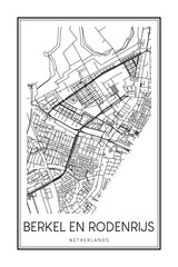 Printable downtown road map poster of the Dutch city of BERKEL EN RODENRIJS on solid white background with city name