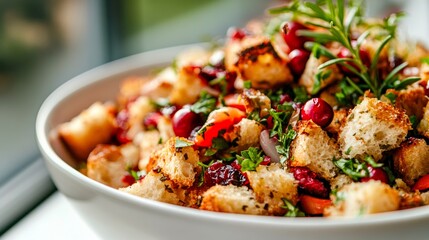 A white bowl containing crispy bread pieces, vibrant red berries, and fresh herbs, exuding a sense of warmth, taste, and abundance perfect for sharing.