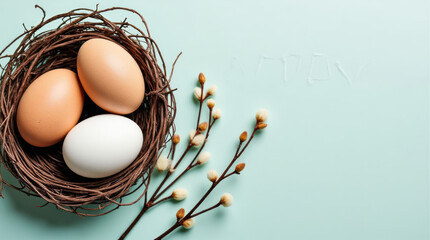 Creative Easter Egg Design in a Rustic Nest With Pussy Willow Accents