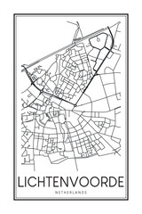 Printable downtown road map poster of the Dutch city of LICHTENVOORDE on solid white background with city name